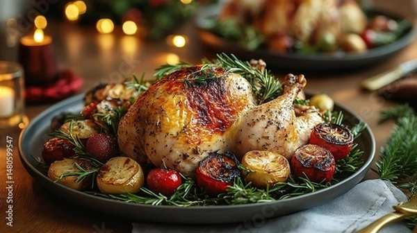 Fototapeta Warm and Cozy Roasted ChickenChristmas Dinner Image with Golden Crust, Juicy Meat, and Festive Christmas Trimmings on Wooden Table