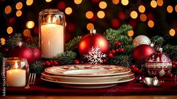 Fototapeta Warm and Inviting Festive Table Setting with Candles, Christmas Decorations, and Soft Lighting on Dark Background