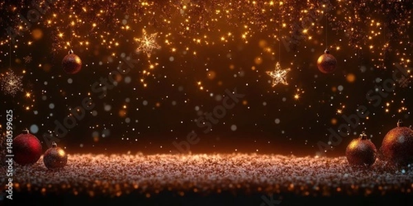 Fototapeta Majestic Starry Snow Christmas Overlay with Glittering Stars, Twinkling Ornaments, and Ethereal Snowflakes on a Beautiful Winter Night Sky Background