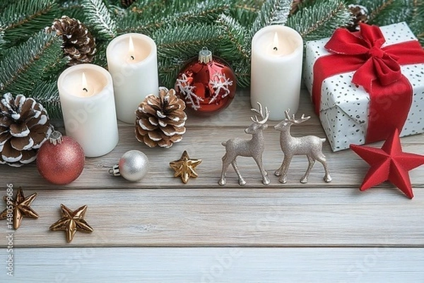 Fototapeta Winter Wonderland Decoration Concept Featuring Festive Glass Ornaments, Reindeer Accents, and Modern Rustic Wood Elements on a Stylish White Background for Home Studio or Office Desk