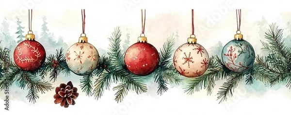 Fototapeta Watercolor Whimsy: Festive Christmas Ornaments in Soft Pastels Suspended from a Pine Garland with Vintage Charm and Holiday Cheer
