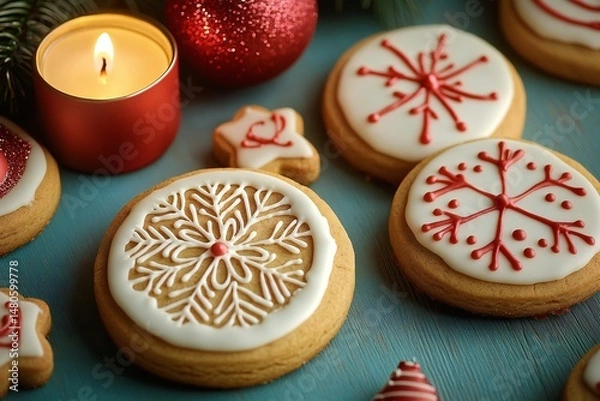 Fototapeta Warm and Inviting Christmas Cookie Display Featuring Classic Gingerbread Treats Adorned with Festive Decorations on a Distressed Wooden Table