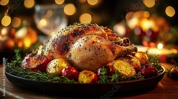 Fototapeta Warm and Inviting Roasted Chicken Christmas Dinner on a Cozy Wooden Table with Delicious Holiday Fixings
