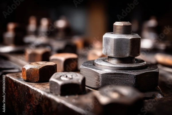Fototapeta Large hexagonal nut securing industrial machinery with precision