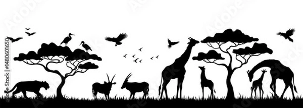 Fototapeta Silhouette of animals and birds in the savannah. African landscape scene. Vector horizontal seamless tropical background with lions, giraffes, antelopes and flying birds. Black isolated silhouette