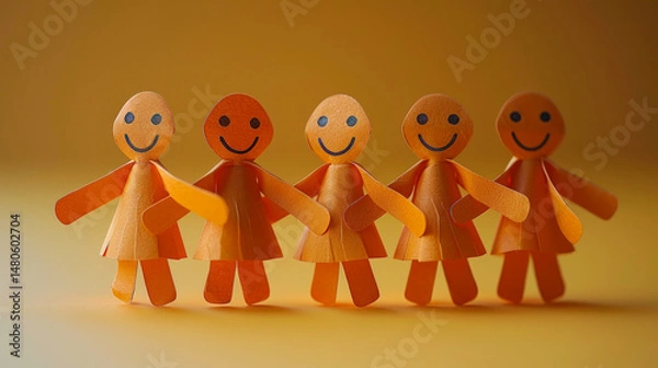Obraz Cheerful paper cutout figures holding hands in a row against a warm yellow background, symbolizing friendship, unity, and teamwork.  

