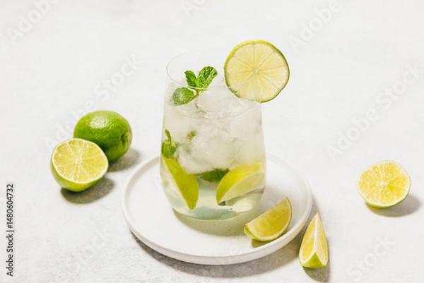 Fototapeta A refreshing mojito cocktail garnished with mint leaves and a lime slice, served in a glass with ice cubes. Sliced limes, a jigger, and a strainer are placed on a light background.