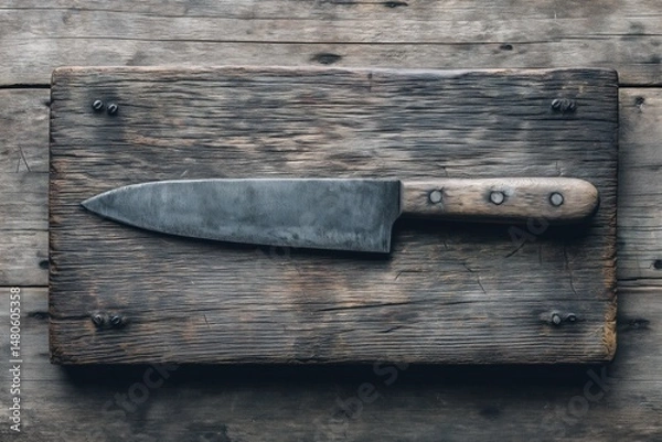 Obraz Vintage chef knife resting on rustic wooden cutting board
