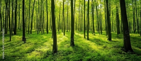 Obraz Sunlight filtering through vibrant green trees in dense deciduous forest
