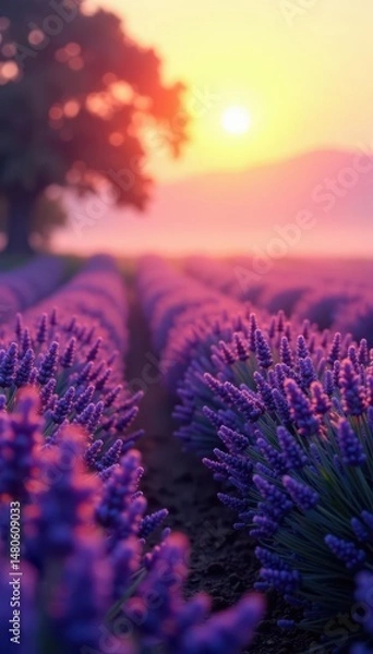 Fototapeta Golden hour light bathes foggy Valensole lavender in ethereal glow , color, gold, view