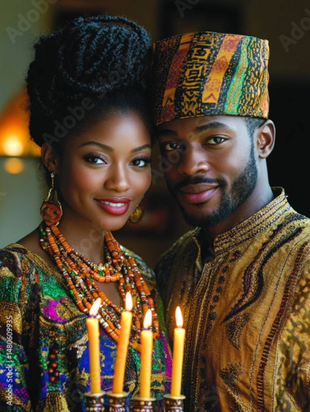 Obraz Elegant couple dressed in vibrant traditional attire, standing close together with warm candlelight, celebrating a cultural occasion with love and connection.  

