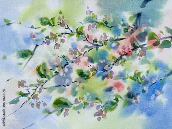 Obraz Cherry tree bloom in the evening watercolor background