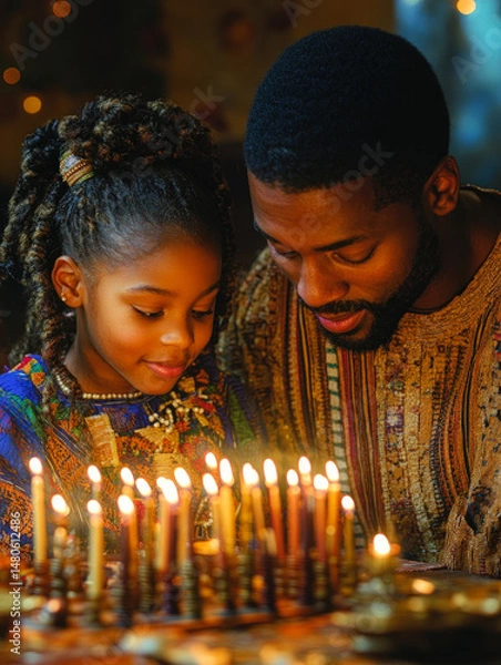 Obraz Loving father and daughter sharing a warm moment by candlelight, dressed in vibrant traditional attire, celebrating a special cultural occasion. 
