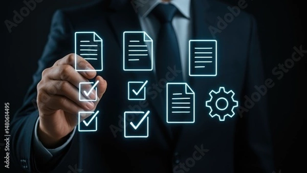 Obraz A professional reviewing digital documents and checklists for efficient workflow.