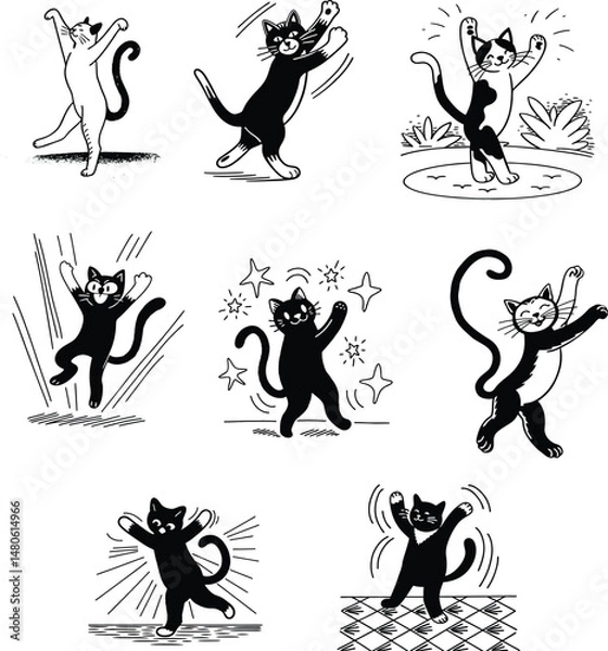 Fototapeta A silhouette vector cat dancing and playing with enjoy