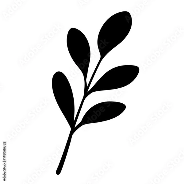 Fototapeta Monochrome Illustration of a Simple Branch with Rounded Leaves on White Background