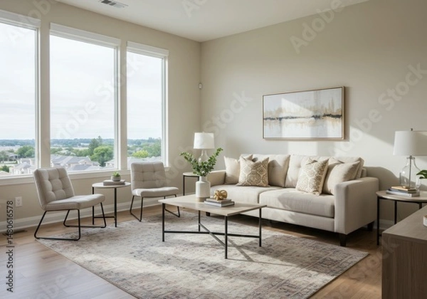 Fototapeta Bright living room featuring sofa, chairs, rug, and large windows with a view