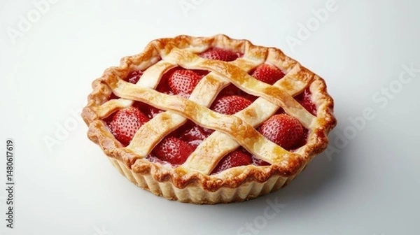 Fototapeta The image is of a freshly baked strawberry pie. the pie has a golden brown crust and a lattice-like lattice pattern on top. the lattice is evenly spaced and covers the entire surface of the pie.