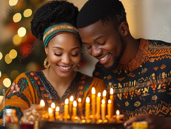 Obraz Smiling couple celebrating a festive occasion with a candlelit cake, wearing vibrant traditional attire, with a warm holiday background.
