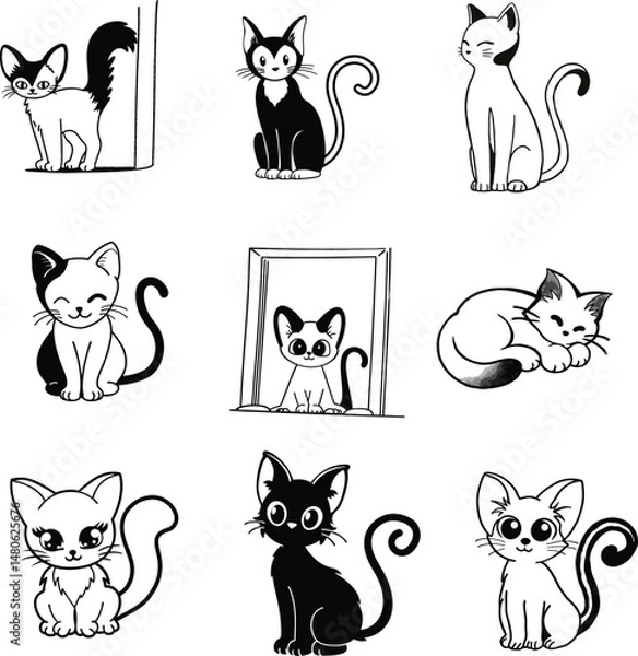 Fototapeta A premium set of funny cartoon cats with vector silhouette design