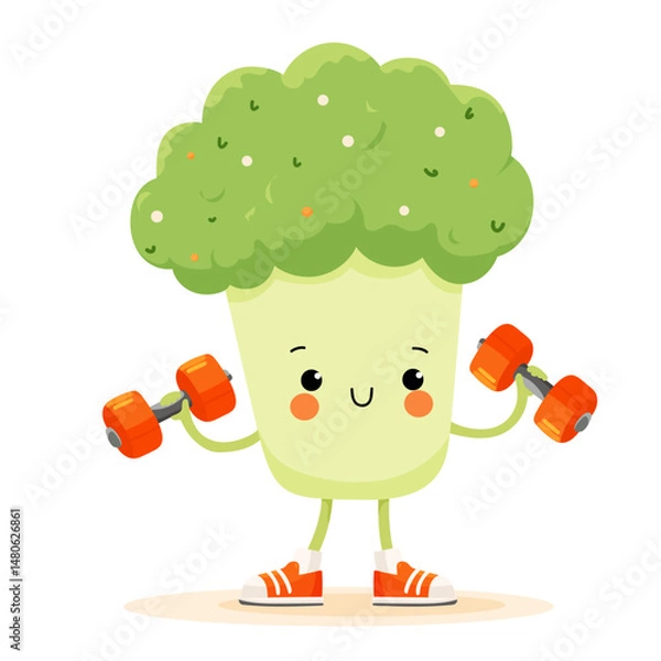 Fototapeta Cartoon broccoli doing exercises with dumbbells.Vector character illustration.Healthy food diet,fit,fitness,sport,fun,veggies broccoli strong vegetable logo concept design