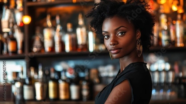 Obraz Female Publican Owns. BarTender working in Public house, looking at camera. Startup successful small business owner. Drinks Business. Small and Medium Enterprises concept.