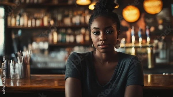Obraz Female Publican Owns. BarTender working in Public house, looking at camera. Startup successful small business owner. Drinks Business. Small and Medium Enterprises concept.