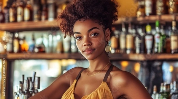 Obraz Female Publican Owns. BarTender working in Public house, looking at camera. Startup successful small business owner. Drinks Business. Small and Medium Enterprises concept.