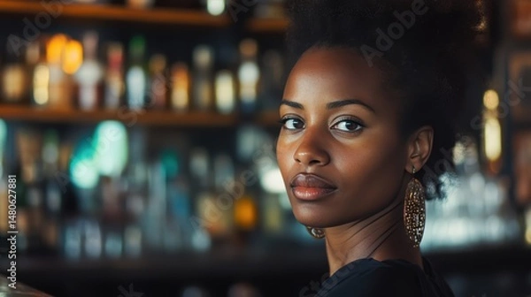 Obraz Female Publican Owns. BarTender working in Public house, looking at camera. Startup successful small business owner. Drinks Business. Small and Medium Enterprises concept.