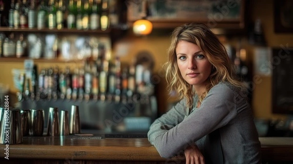 Obraz Female Publican Owns. BarTender working in Public house, looking at camera. Startup successful small business owner. Drinks Business. Small and Medium Enterprises concept.