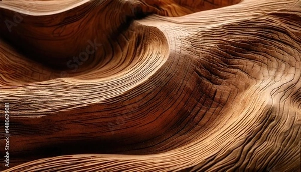 Obraz Close-up of detailed textures and flowing patterns of natural wooden grain illuminated softly, resembling abstract landscape shapes