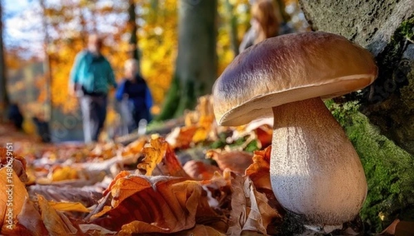 Obraz A mushroom growing on a forest floor with autumn leaves in soft focus background.