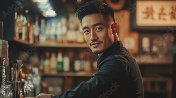 Obraz Male Publican Owns. BarTender working in Public house, looking at camera. Startup successful small business owner. Drinks Business. Small and Medium Enterprises concept.