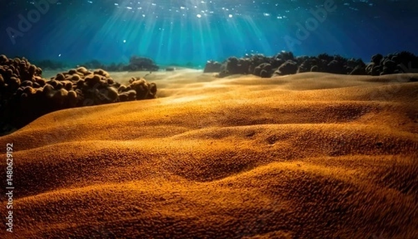 Obraz Golden sand ripples under the ocean with sun rays shining through.