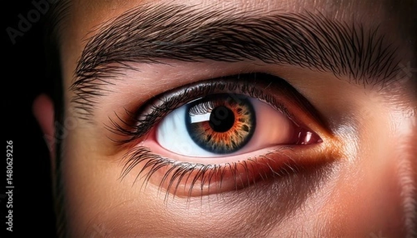Obraz Close-up image of a human eye with vivid orange and blue colors captured in a dark setting during a macro photography session