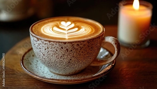Obraz A cup of coffee with latte art in a speckled ceramic cup on a wooden table next to a burning candle in a cozy setting
