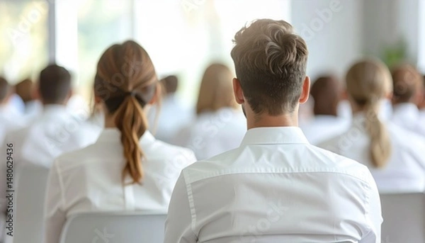 Obraz A group of employees attending a corporate seminar or training session in a bright modern conference room