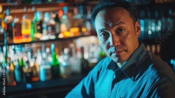 Obraz Male Publican Owns. BarTender working in Public house, looking at camera. Startup successful small business owner. Drinks Business. Small and Medium Enterprises concept.