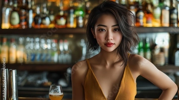 Obraz Female Publican Owns. BarTender working in Public house, looking at camera. Startup successful small business owner. Drinks Business. Small and Medium Enterprises concept.