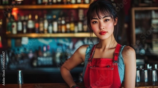 Obraz Female Publican Owns. BarTender working in Public house, looking at camera. Startup successful small business owner. Drinks Business. Small and Medium Enterprises concept.
