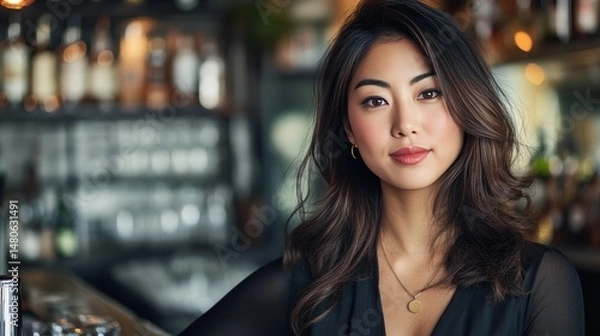 Obraz Female Publican Owns. BarTender working in Public house, looking at camera. Startup successful small business owner. Drinks Business. Small and Medium Enterprises concept.