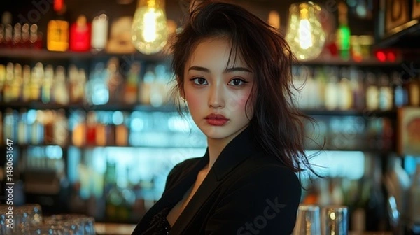 Obraz Female Publican Owns. BarTender working in Public house, looking at camera. Startup successful small business owner. Drinks Business. Small and Medium Enterprises concept.