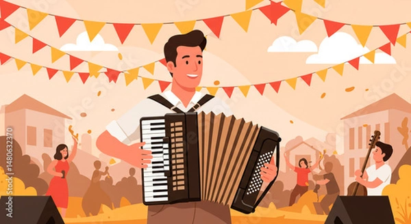 Fototapeta A musician plays the accordion at an outdoor event with festive bunting.  People celebrate with music and joy in the background.