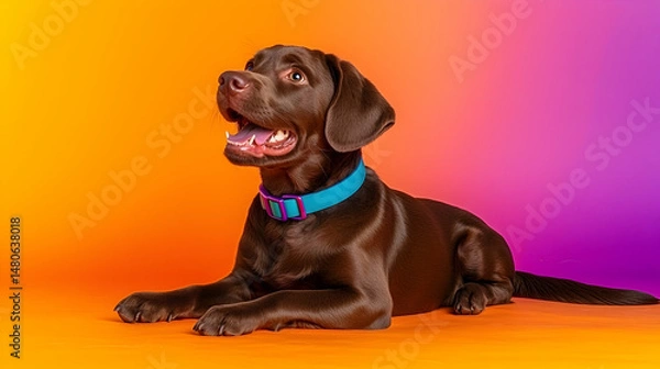 Fototapeta Happy Chocolate Labrador Puppy on Vibrant Orange and Purple Background