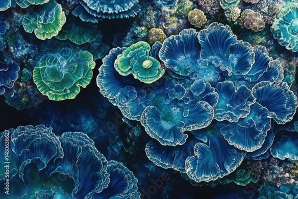 Fototapeta Vibrant underwater scene with diverse coral formations in teal and blue hues