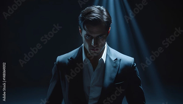 Fototapeta Intense portrait of a mysterious man in a suit under cinematic spotlight, looking straight with piercing eyes — dramatic moody lighting and dark minimalist background