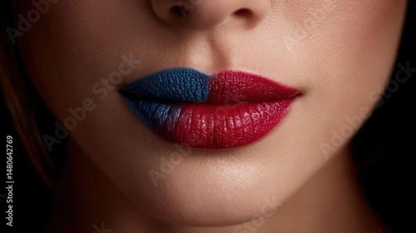 Fototapeta Riga, Latvia 2025-04-25  A close up of a woman's lips with red, white and blue lipstick