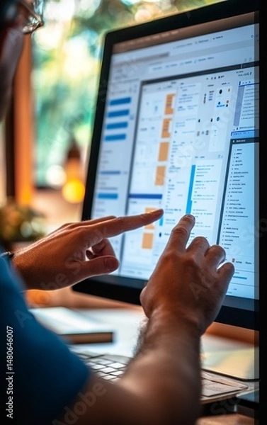 Obraz Focused individual engaging with data on computer screen in modern workspace environment