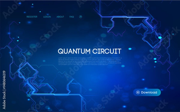 Fototapeta Quantum circuit concept with glowing blue neon lines on dark background, futuristic digital network, artificial intelligence, cyber technology, and abstract high tech data flow