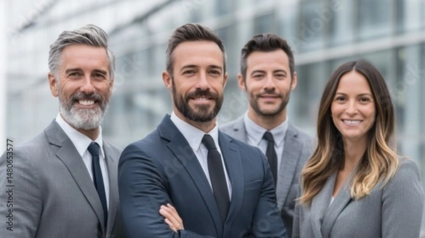 Fototapeta a diverse group of smiling business people stand together in front of a building.